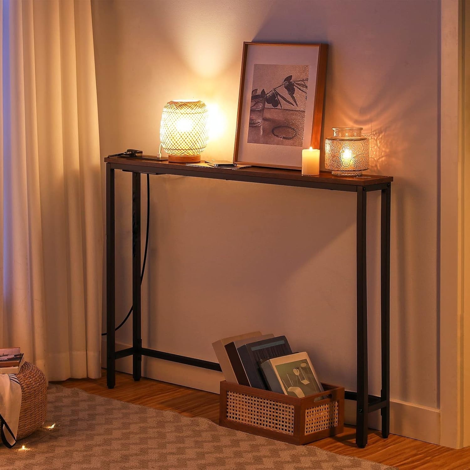 Slim Console Table with USB Charging Ports & Power Outlets for Hallways