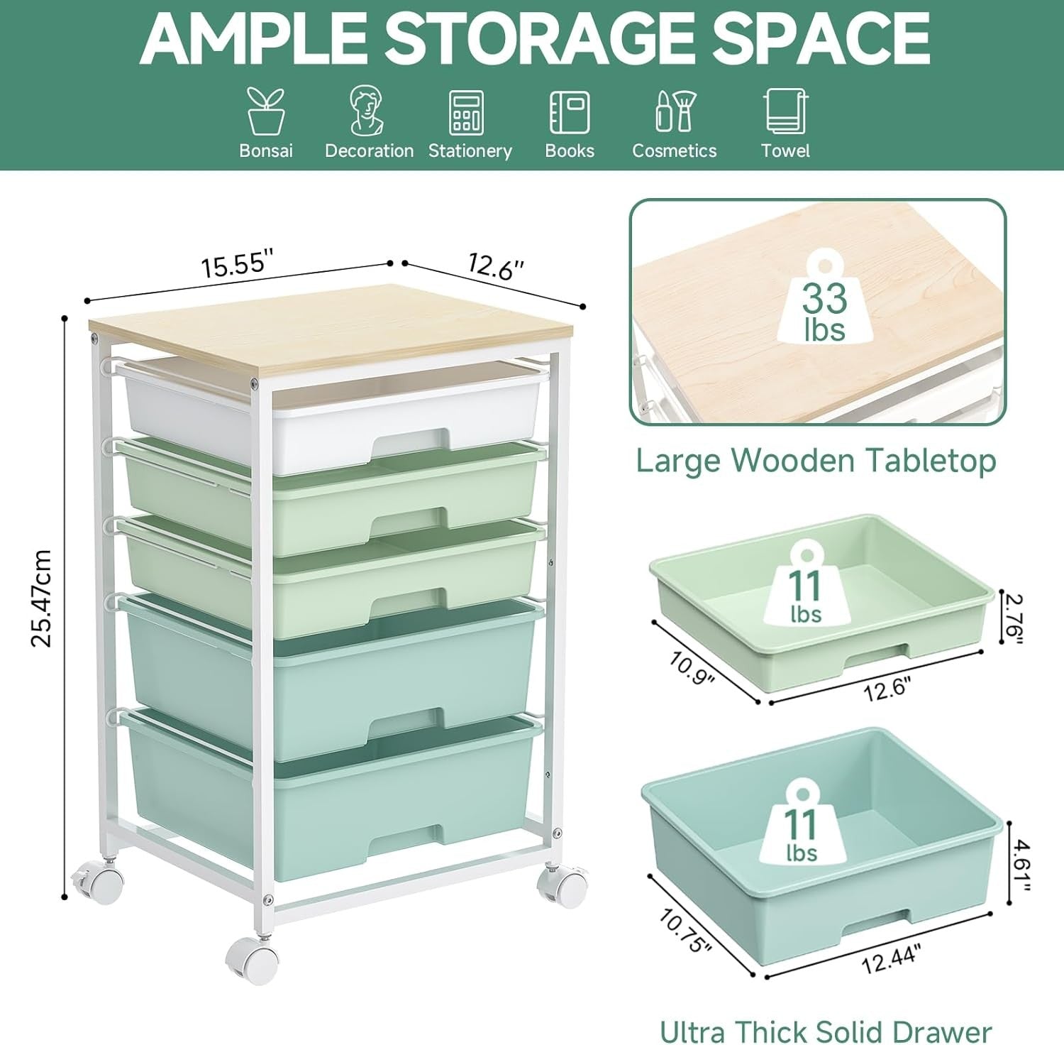 5 Drawer Rolling Storage Trolley Cart with Wheels Utility Organizer Green