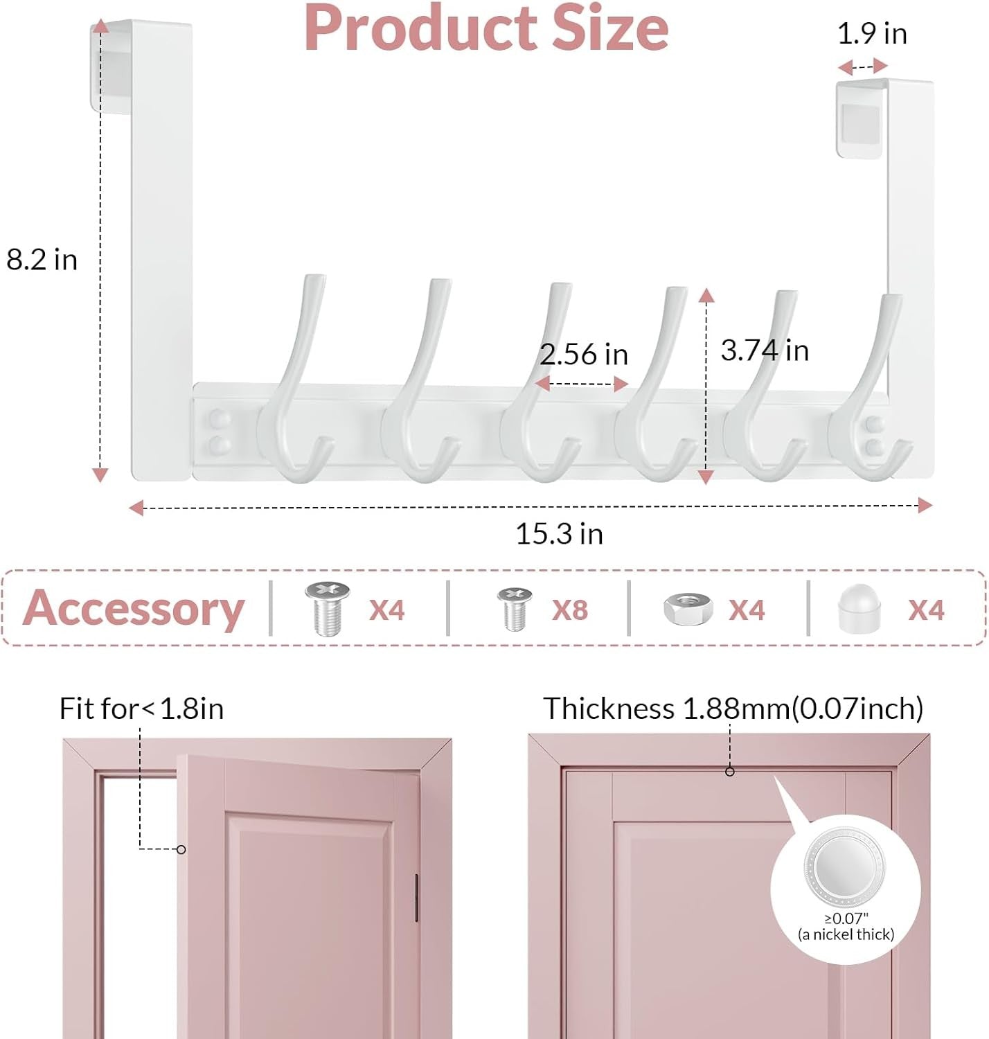 2 Pack White Over Door Hook Rack 6 Hooks Heavy Duty Coat Towel Hanger