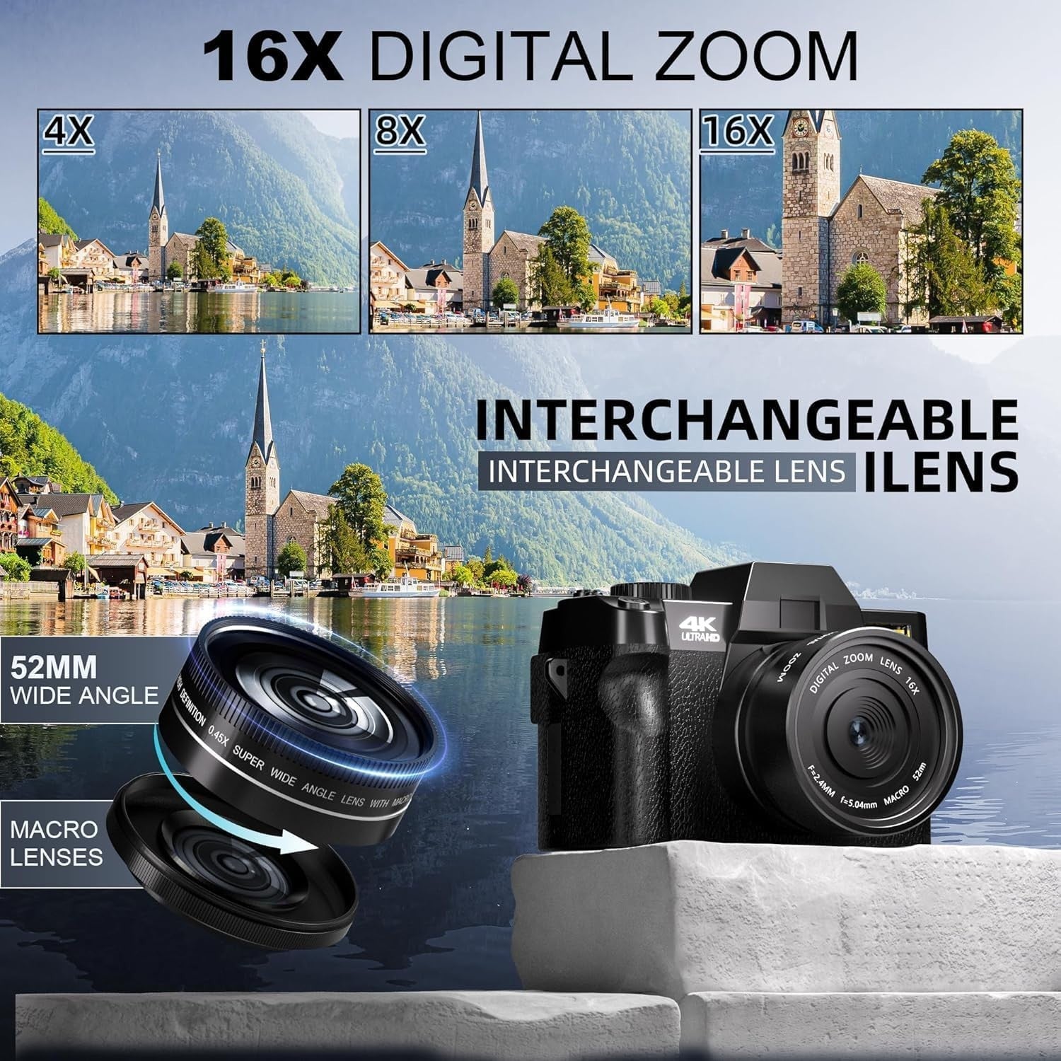 4K 48MP Vlogging Camera Wide Angle Macro Lens Zoom Camera Kit
