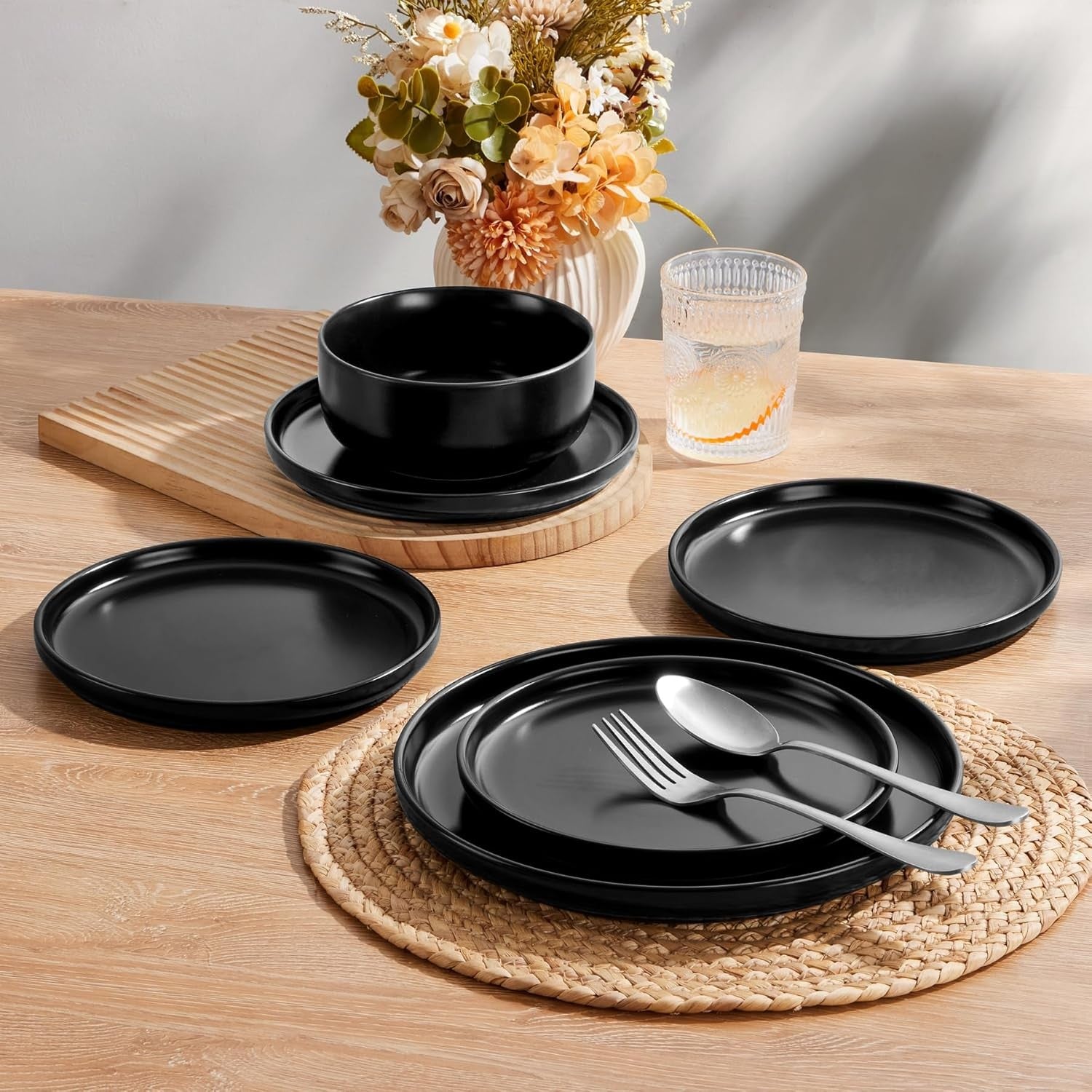 12pc Stoneware Dinner Set Matte Black Plates Bowls Microwave Safe