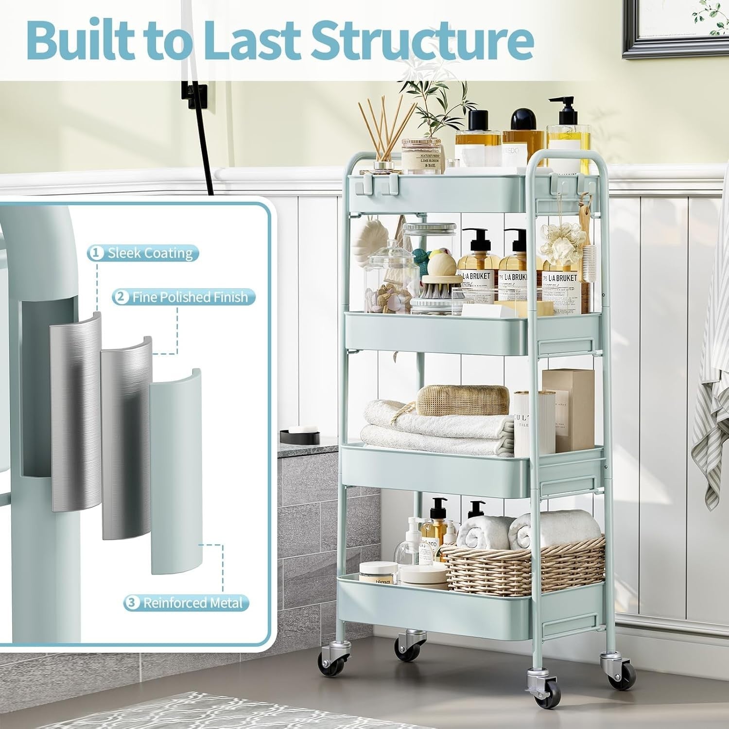 4 Tier Metal Storage Trolley on Wheels Utility Cart