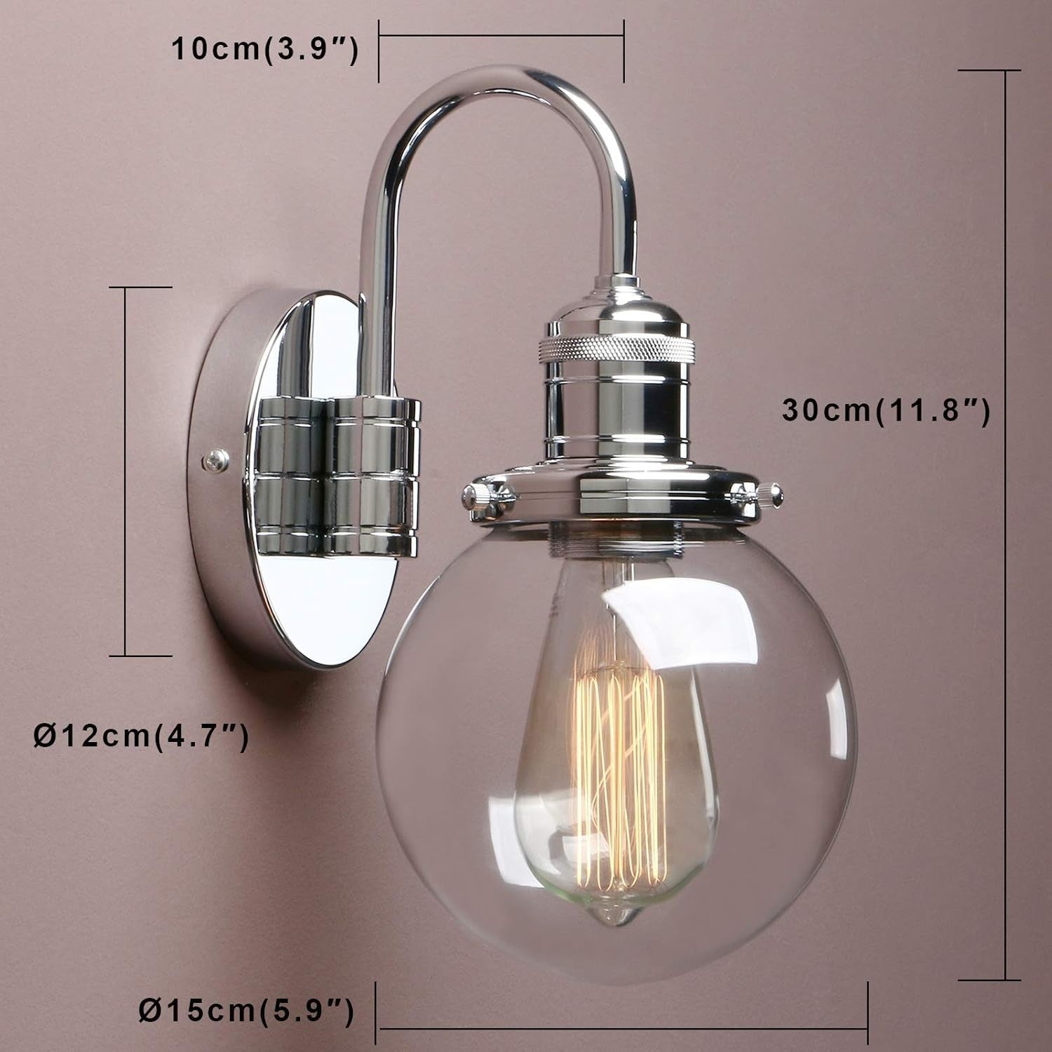 Modern Chrome Wall Light Globe Glass Shade | Bathroom Kitchen Hallway