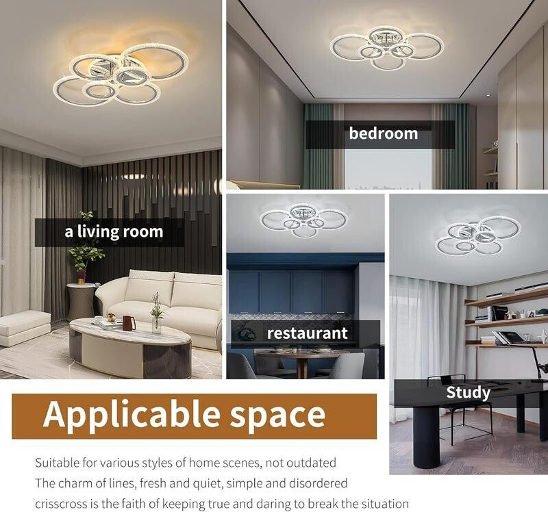 Modern LED 6 Ring Ceiling Light Chrome 76W Dimmable Flush Mount Remote