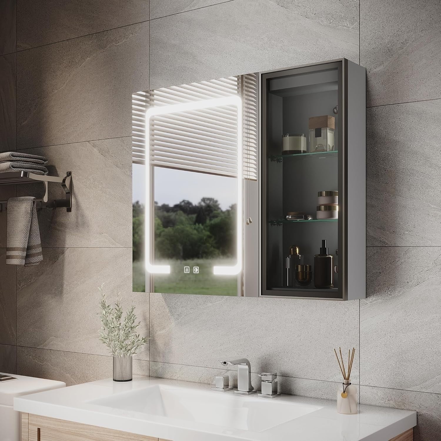 LED Bathroom Mirror Cabinet Wall Mounted with Open Storage & Anti-Fog