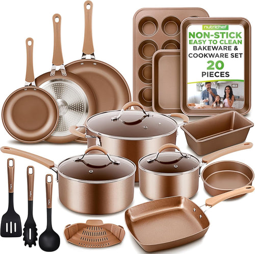 20pcs Gold Non Stick Cookware & Bakeware Set Induction Safe Pots Pans with Lids