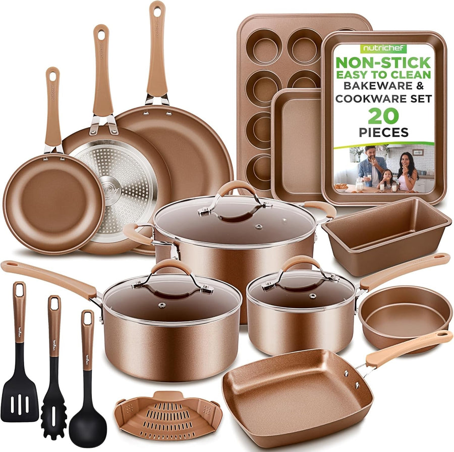 20pcs Gold Non Stick Cookware & Bakeware Set Induction Safe Pots Pans with Lids