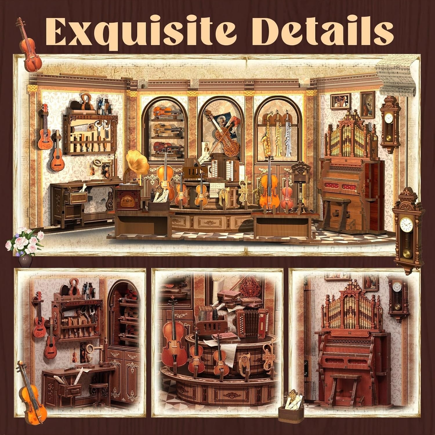 DIY Book Nook Music Room Kit LED Bookshelf Diorama 285 Piece Craft
