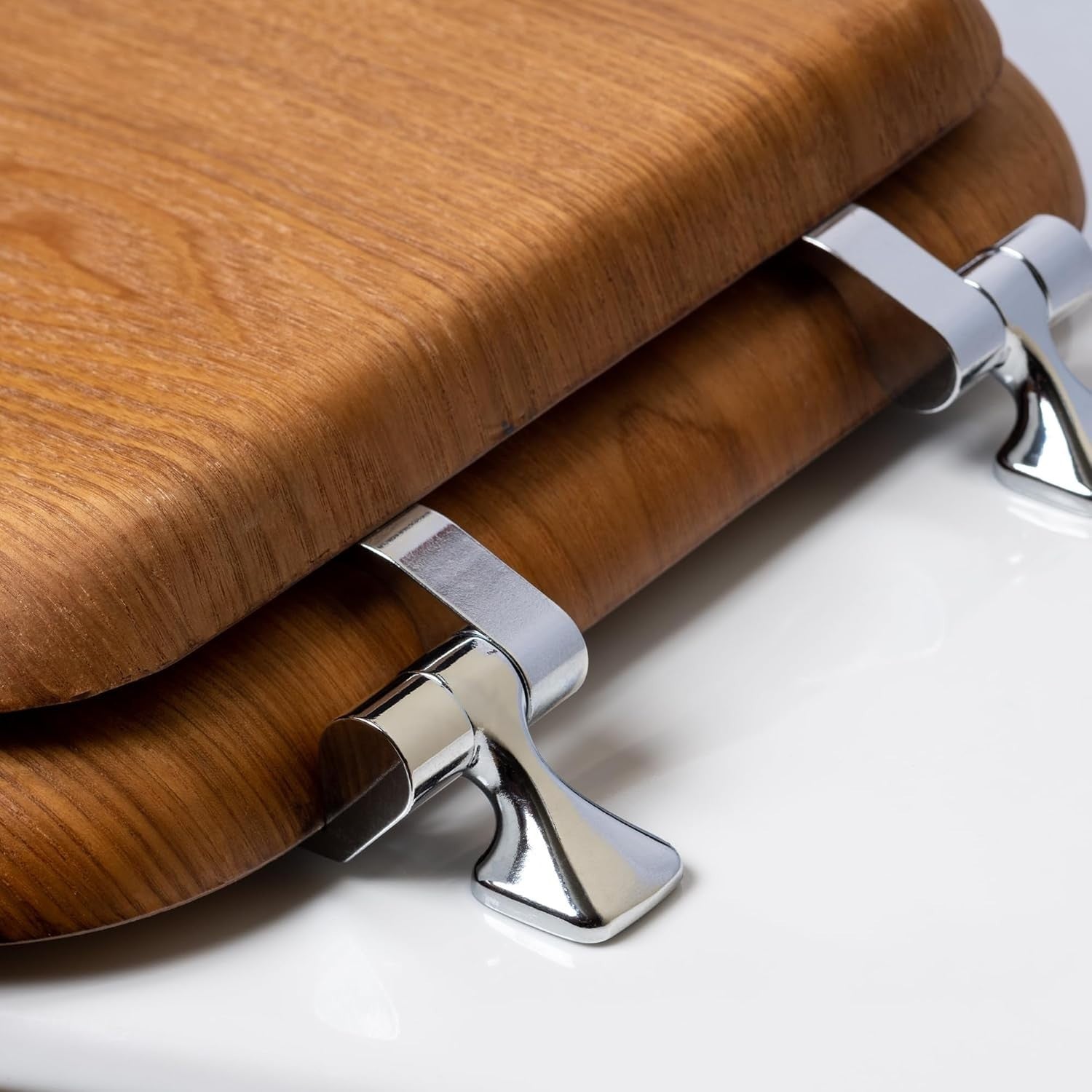 Elongated Toilet Seat Natural Oak Wood Soft Durable Chrome Hinges