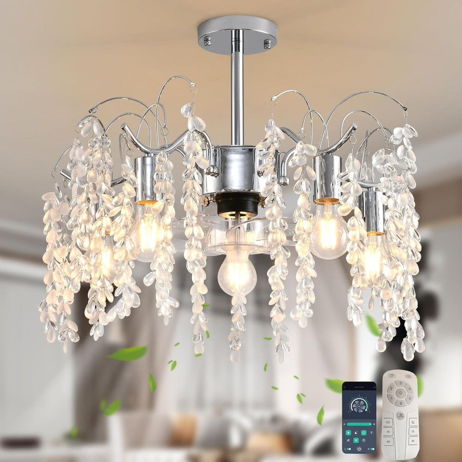 Crystal Ceiling Fan Light 50CM, 6-Speed, APP, Remote, Silver Leaf