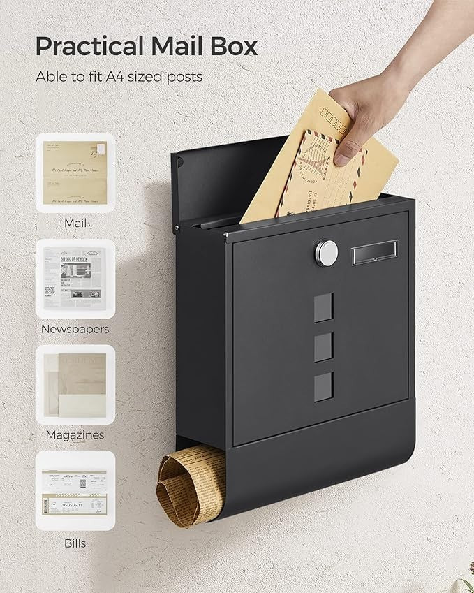 Secure Wall Mounted Mailbox Black with Lock, Newspaper Holder & Nameplate