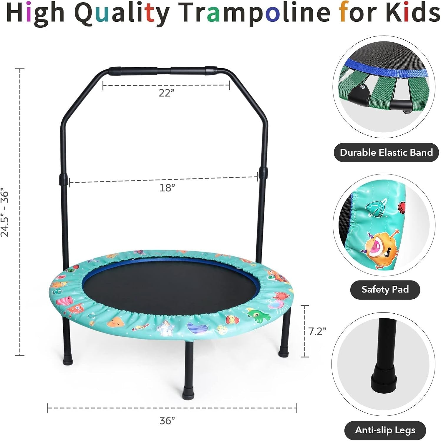 36'' Kids Foldable Trampoline with Adjustable Handle Quiet Indoor Outdoor Green