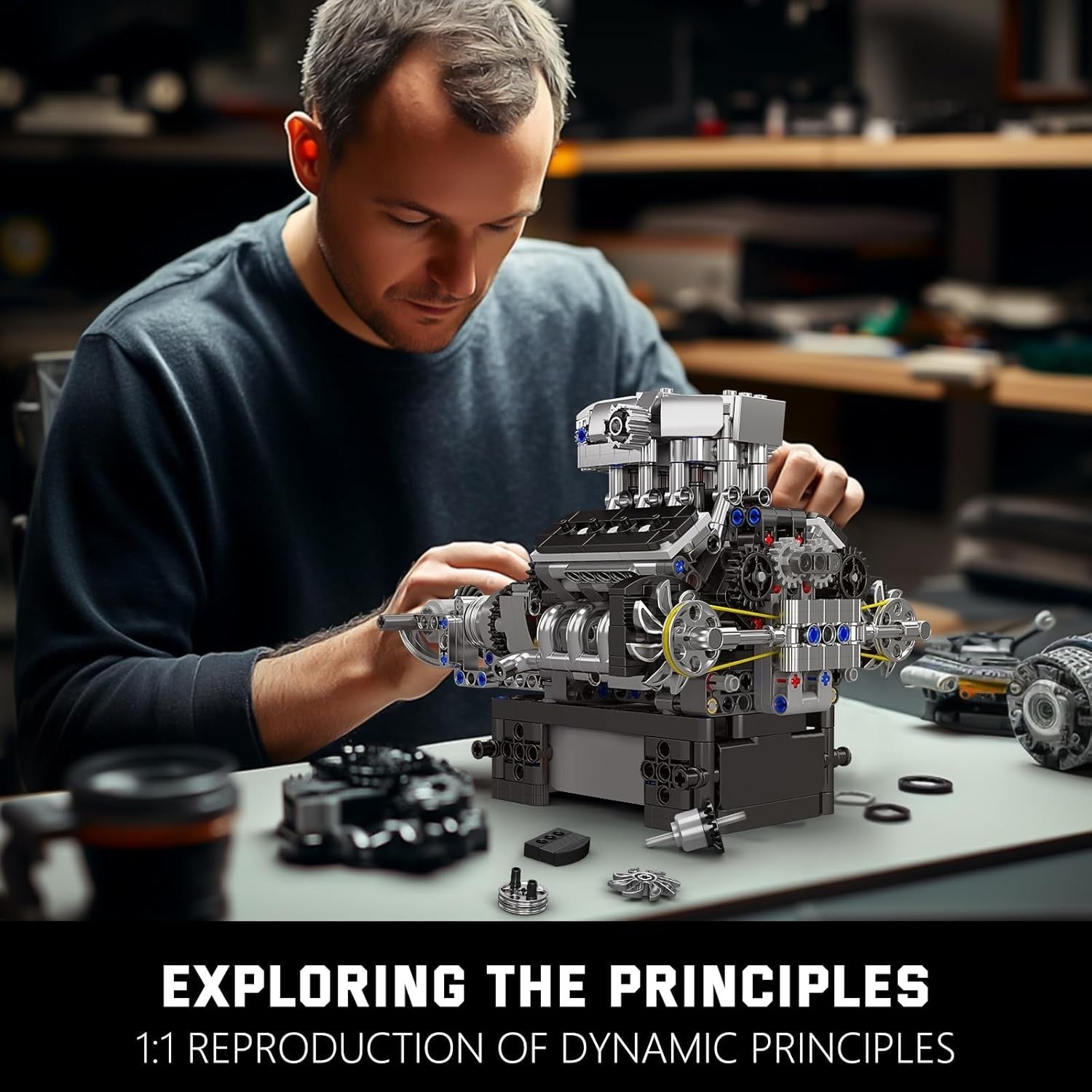 V8 Engine Model Kit with Motor 737pcs – Realistic Car Engine Toy
