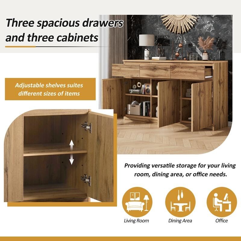 Oak Sideboard Buffet Cabinet with 3 Drawers 3 Doors Storage Unit 135cm