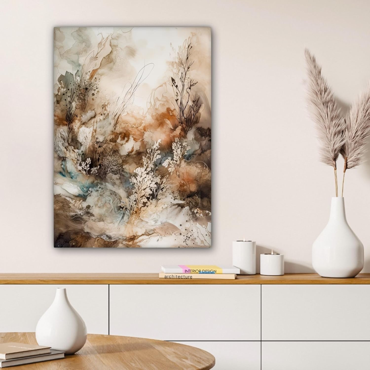 Large Framed Canvas Wall Art 50x70cm Abstract Beige Floral Print