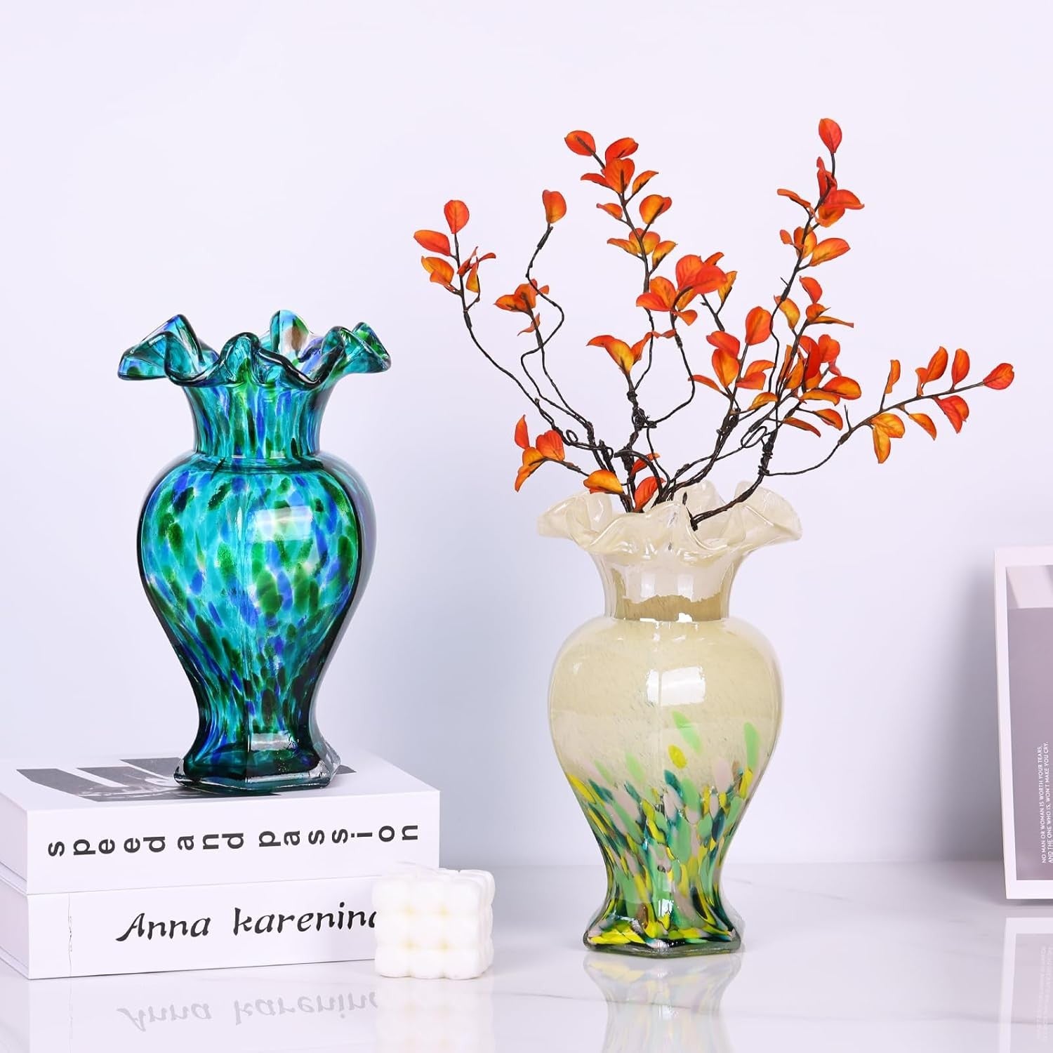 Hand Blown Teal Blue Glass Vase 24cm Tall Art Centerpiece Table Decor