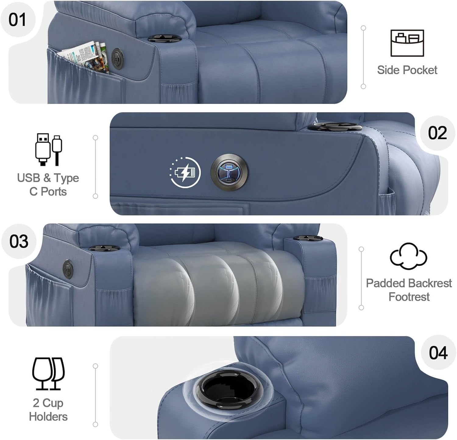 Power Lift Recliner Chair Massage Heat USB Type-C Cup Holders Faux Leather Blue