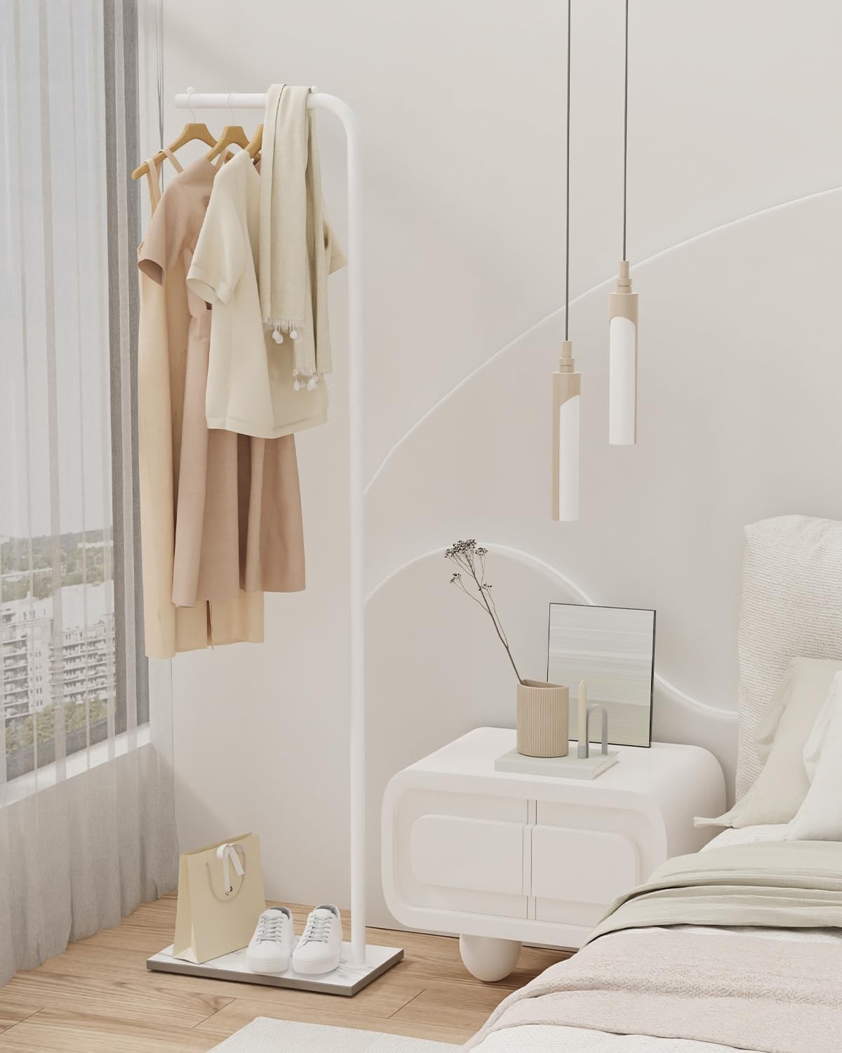 White Metal L-Shape Coat Rack | Freestanding Clothes Stand 180cm Hall Organizer