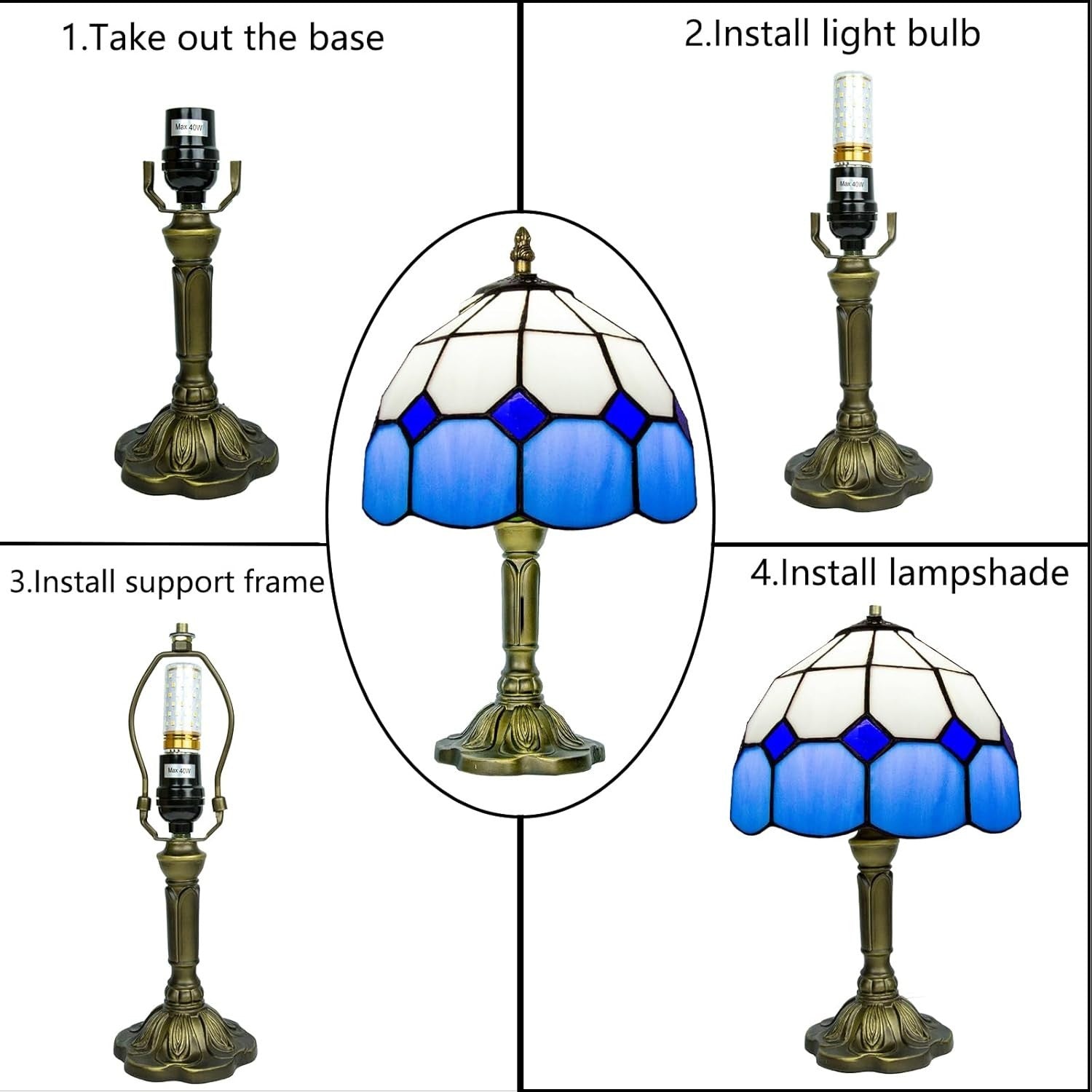 Blue Tiffany Stained Glass Table Lamp, Small Art Deco Bedroom Nightstand Lamp
