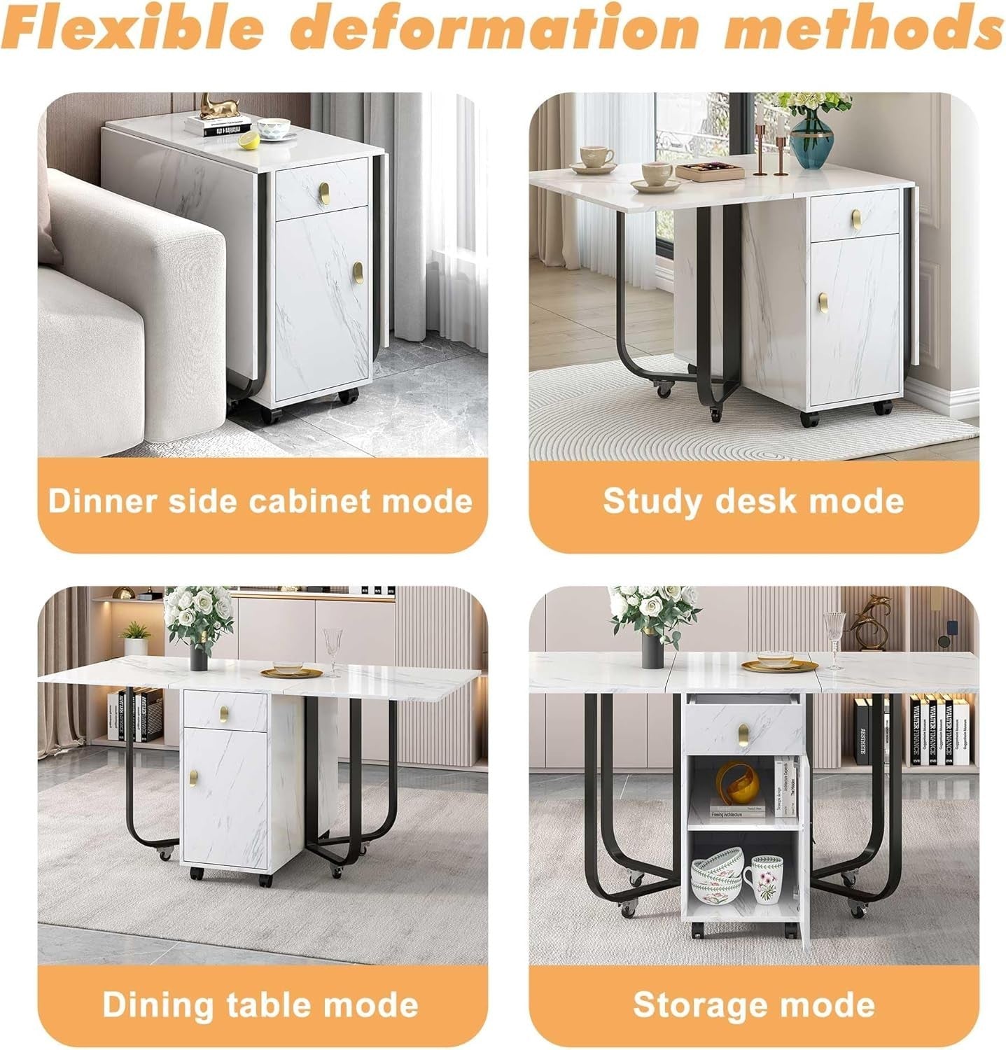 Folding Kitchen Island Unit  - Marble Dining Table with 2 Storage Drawers