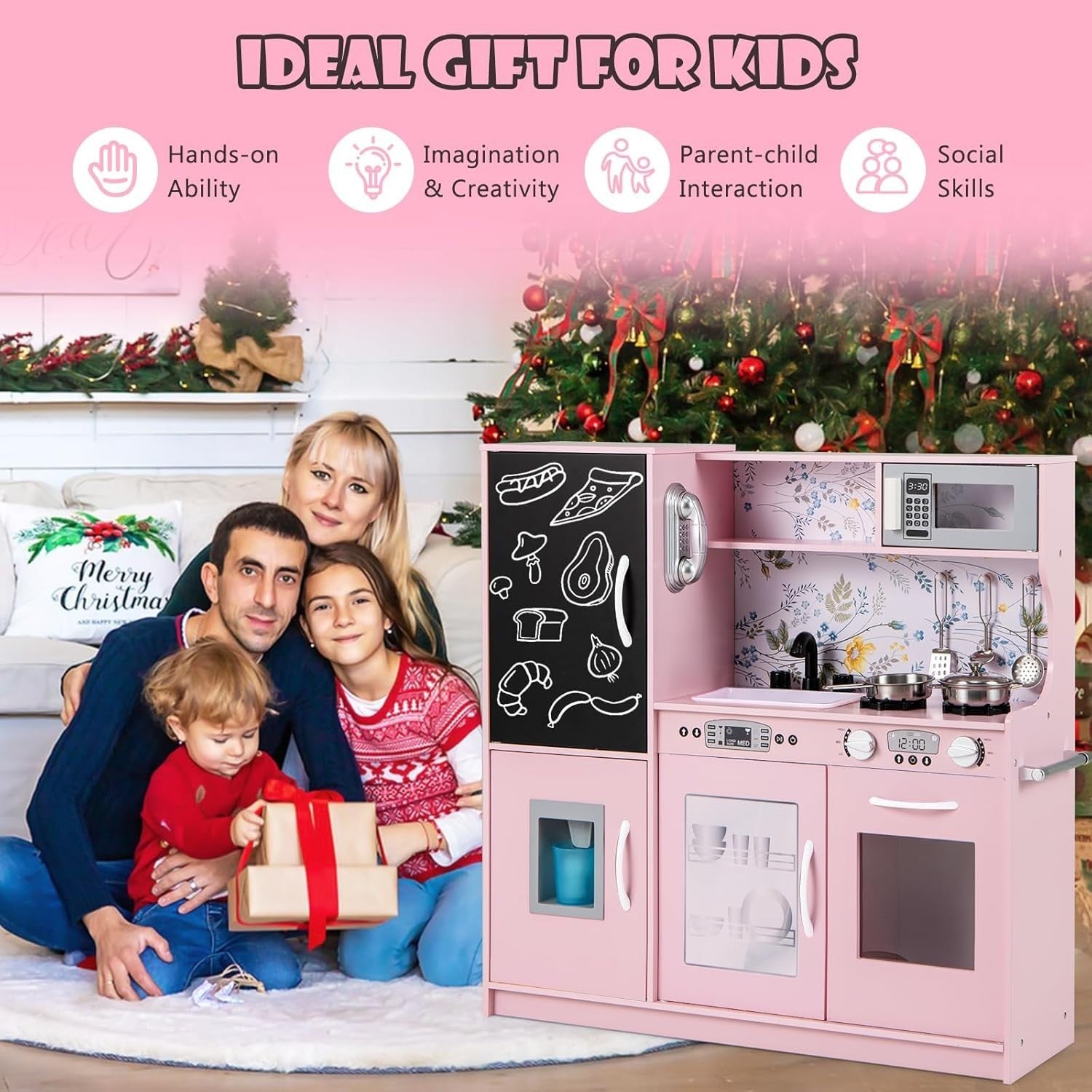 Kids Wooden Play Kitchen Blackboard Microwave Ice Maker Pink Toy