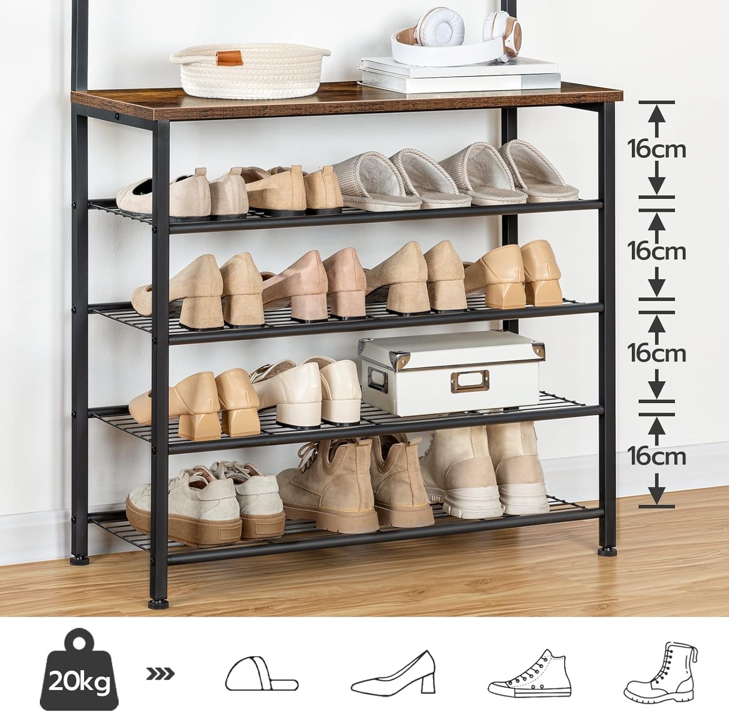 Industrial Coat Rack with Shoe Storage – 9 Hooks, Hall Tree Stand 190cm