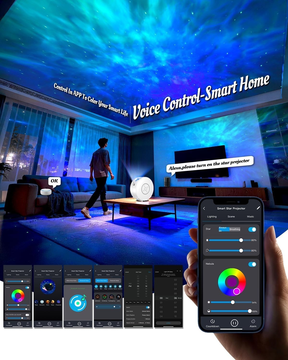 Smart Galaxy Projector WiFi 3D Star Light Alexa Bluetooth Music RGB