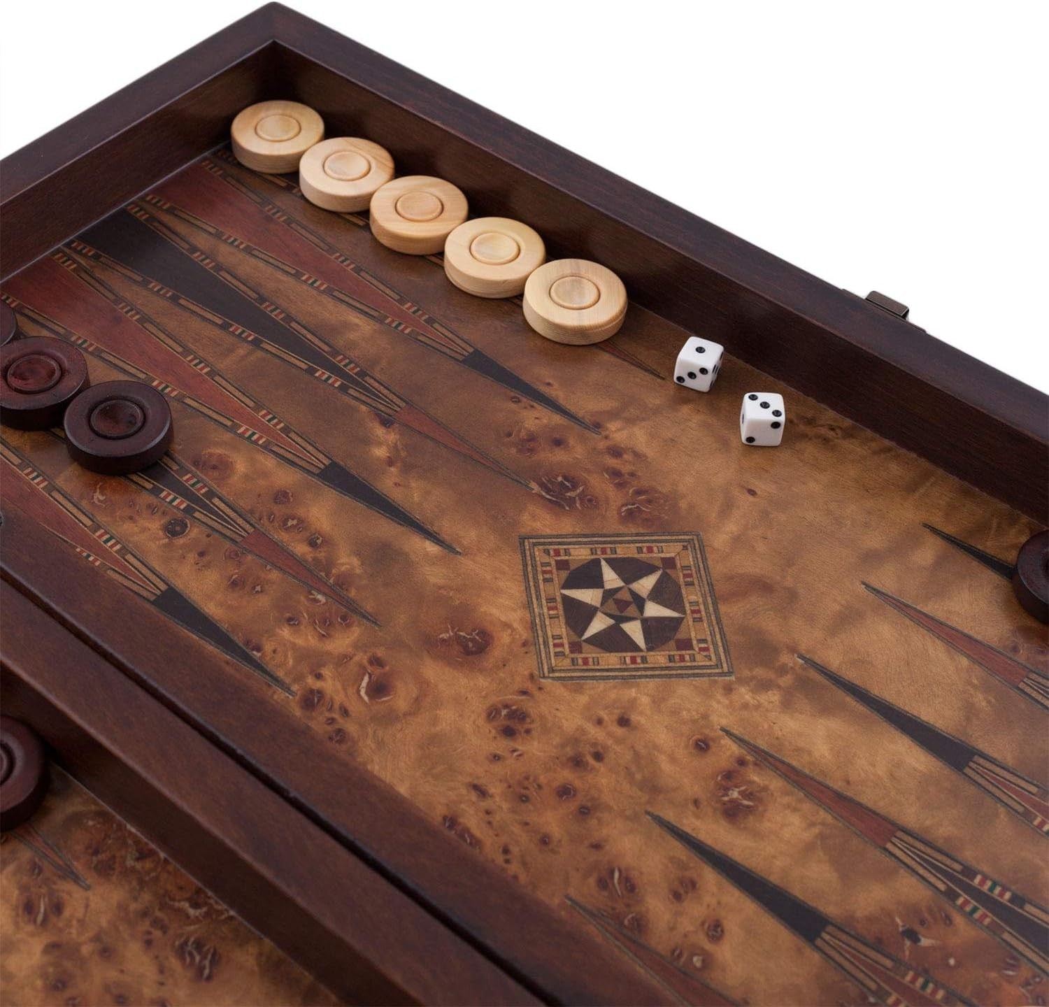 16” Wooden Backgammon Set Luxury Burl Finish Foldable Board Game