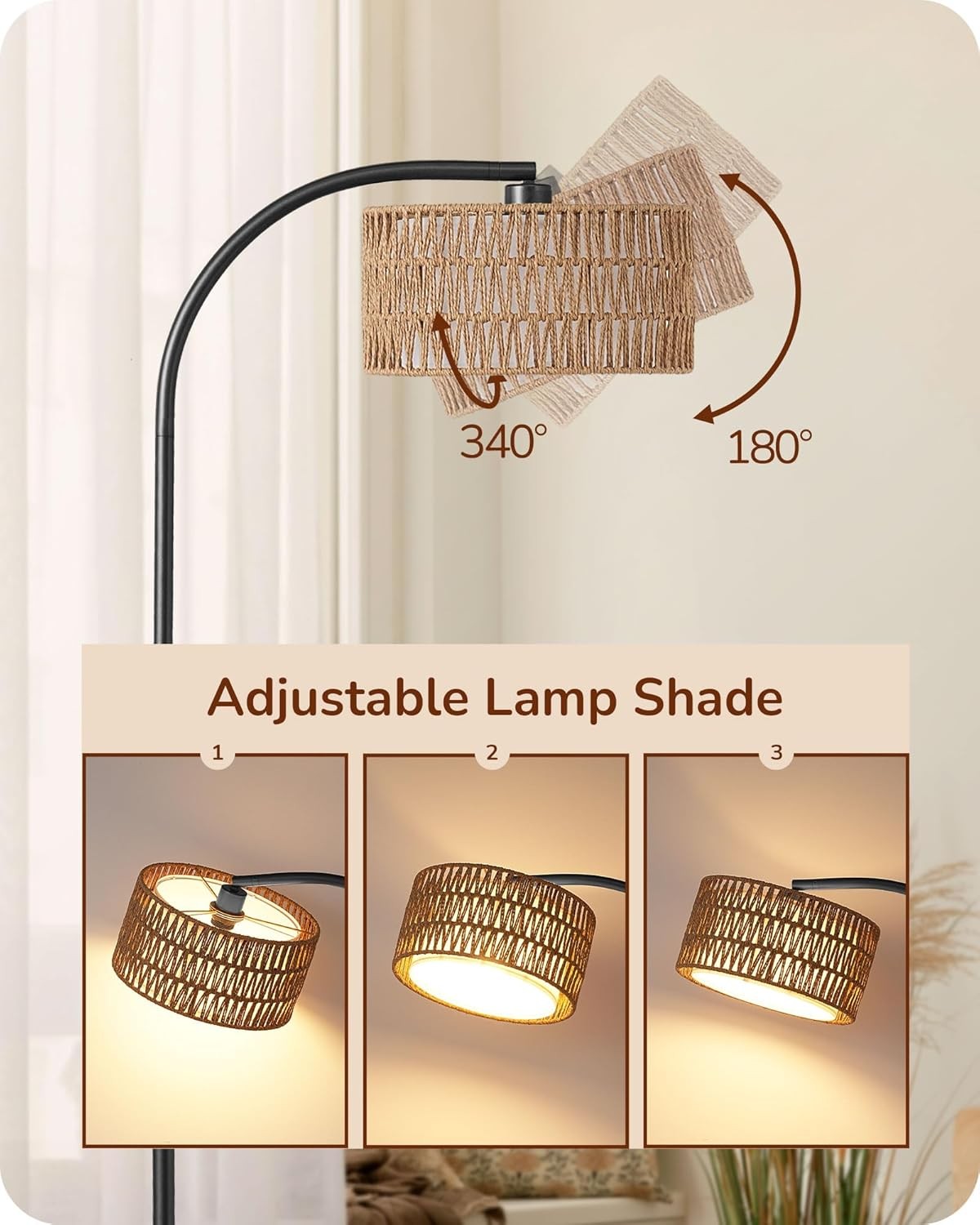 Arc Floor Lamp Black Rattan Shade Dimmable Remote Boho LED Standing Light
