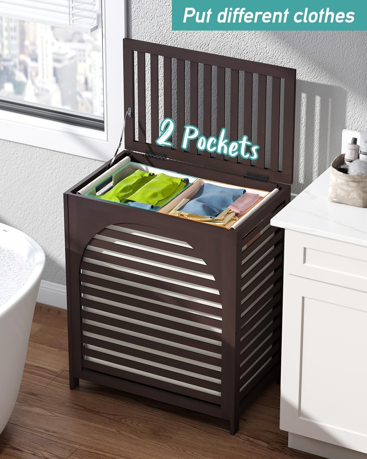 Brown Bamboo Laundry Hamper XL 103L with Lid & Removable Liner | Ventilated Bask