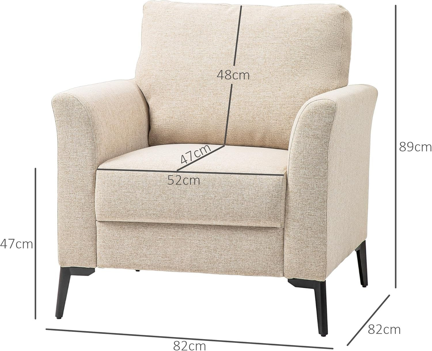 Beige Linen Armchair with Padded Seat & Metal Legs for Lounge or Office