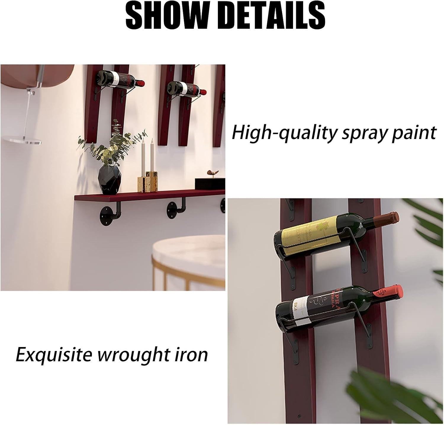 Wall Mounted 6 Bottle Wine Rack Rustic Wood & Iron Vertical Space Saving Display