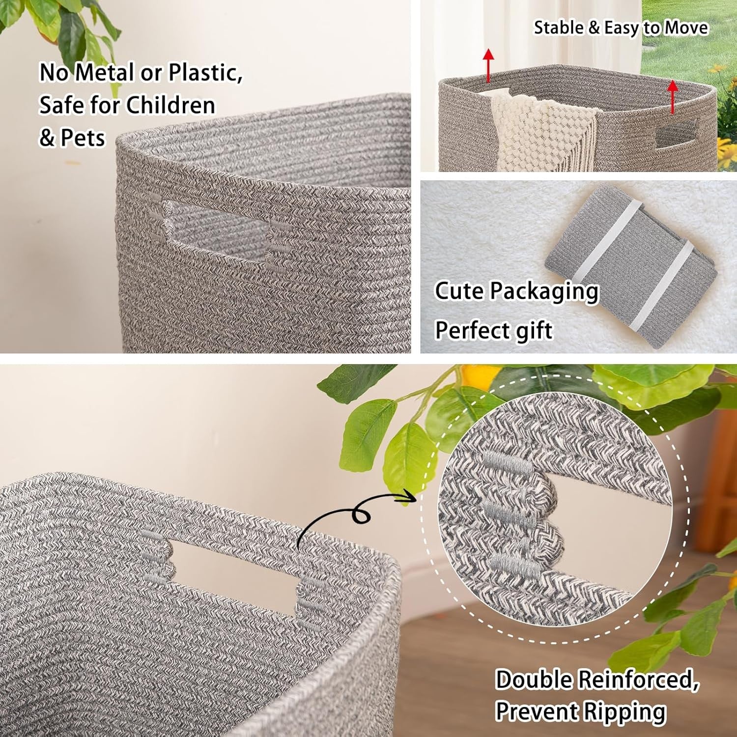 Large Woven Laundry Basket with Handles 16x13x22in Grey Cotton Storage Hamper