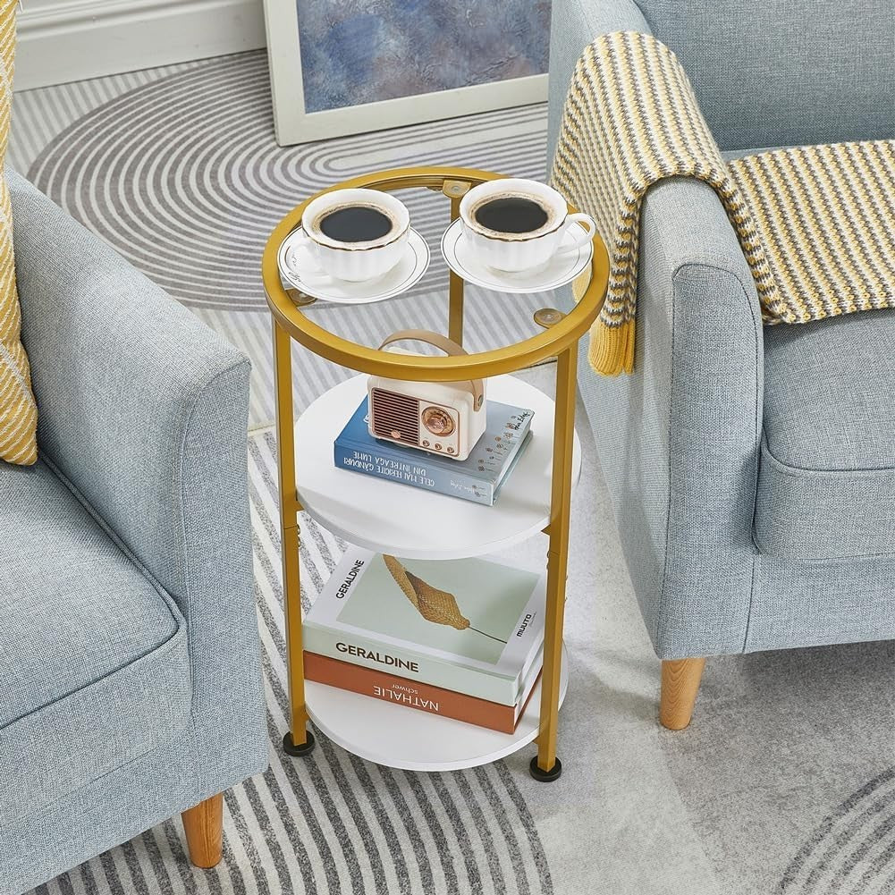 Small Round Glass Side Table with 3-Tier Storage, Tempered Glass & Gold Trim