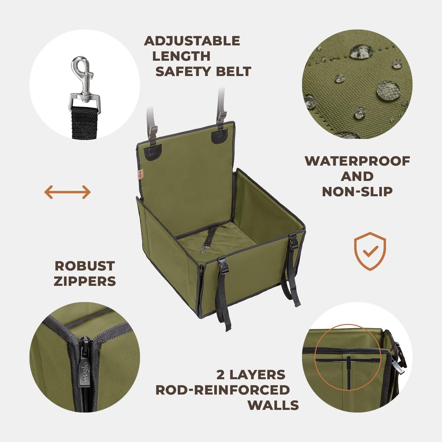 Luxury Dog Car Seat Waterproof Booster Travel Bed Safety Belt Khaki