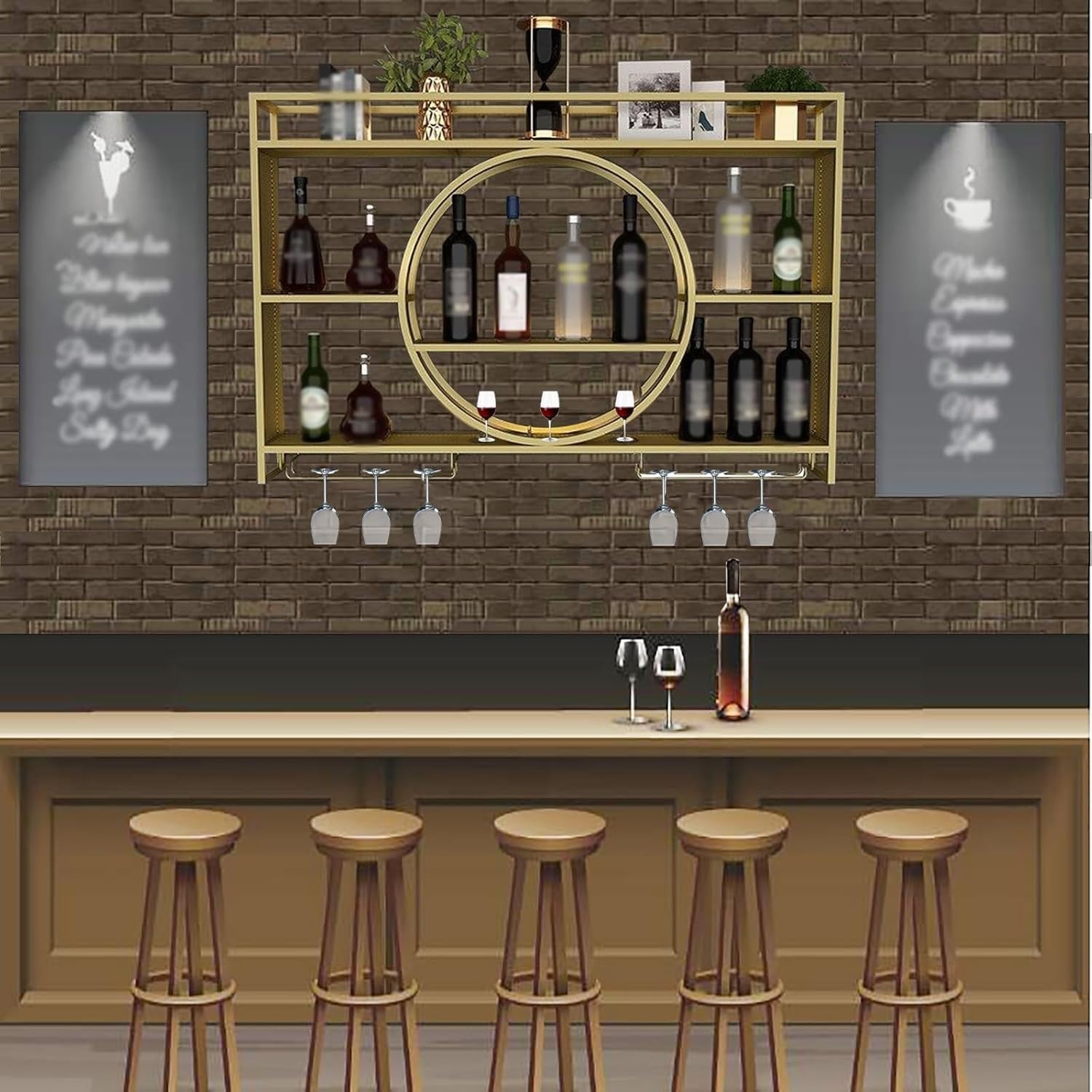 Wall Mounted Wine Rack Gold 100cm Bar Shelf with Glass Holders & Bottle Storage