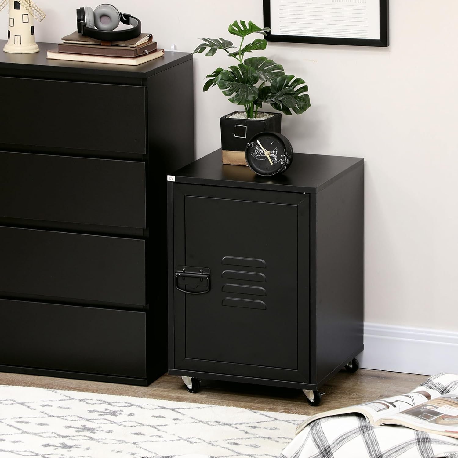 Black Rolling Filing Cabinet 55cm Metal Door Mobile Office Storage