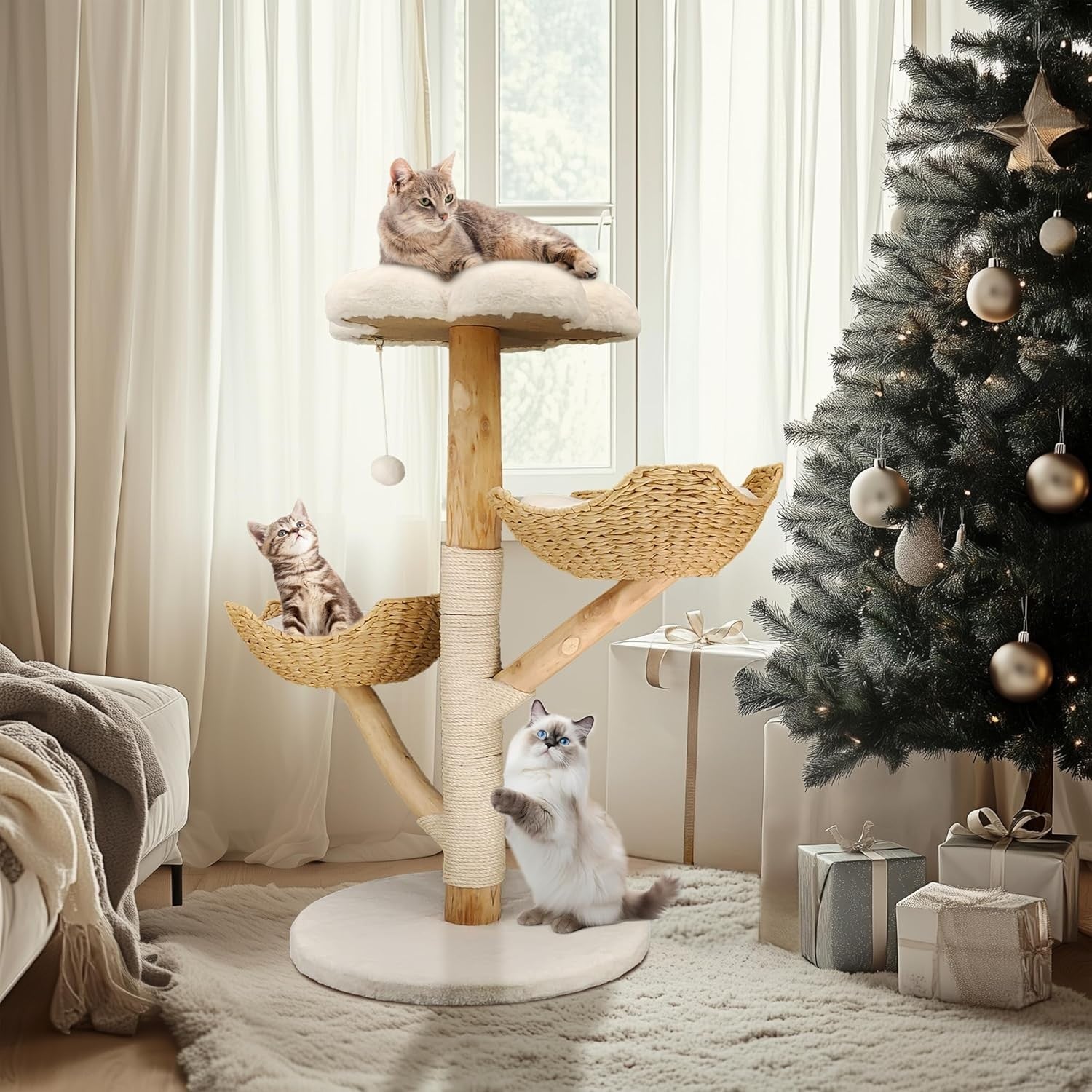 Wooden Cat Climbing Tree Plush Perches Sisal Scratch Posts Indoor Tower
