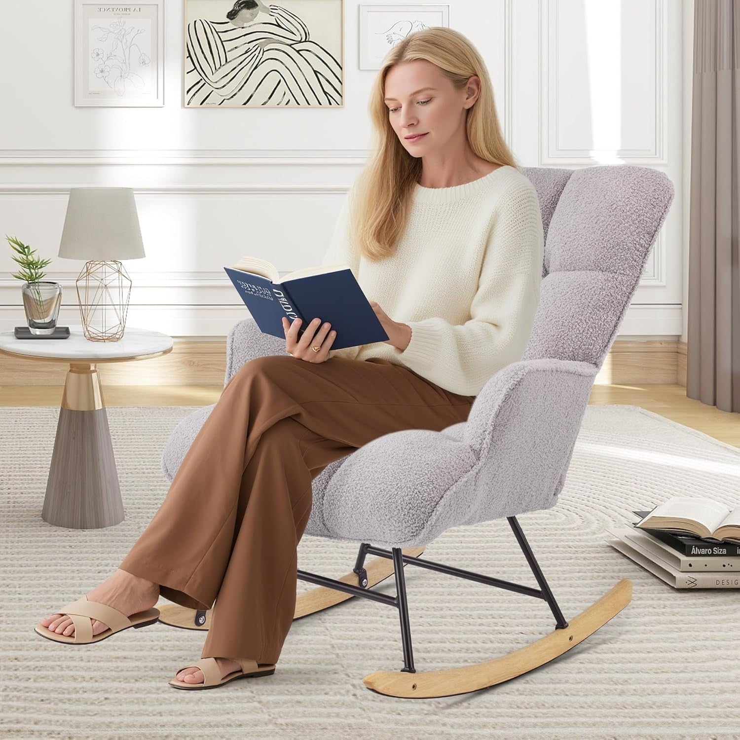 Comfy Nursery Rocking Chair Teddy Fabric Glider for Adults Bedroom