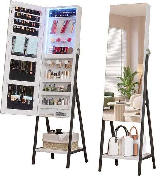 LED Standing Jewelry Cabinet Full Length Mirror Lockable Storage White