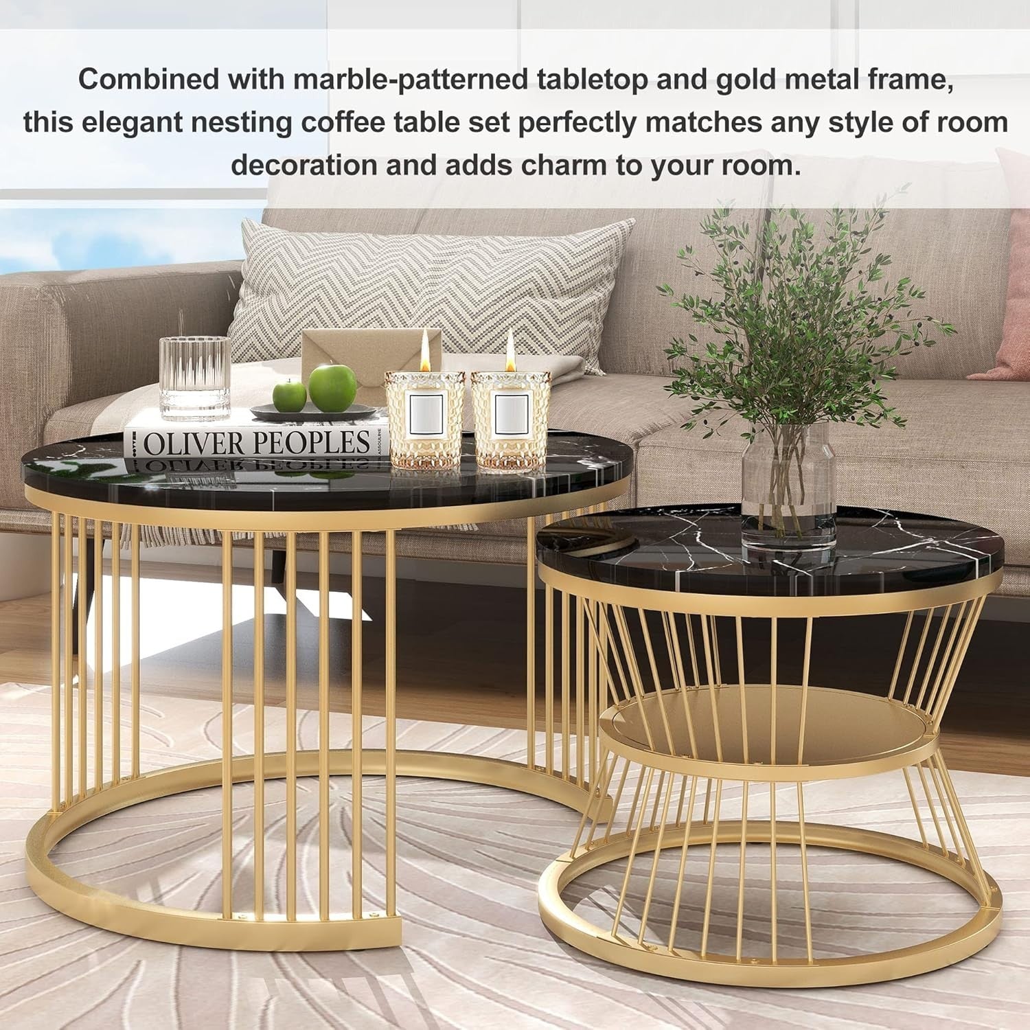 Round Coffee Table Set Nested Faux Marble Black Adjustable Height Living Room