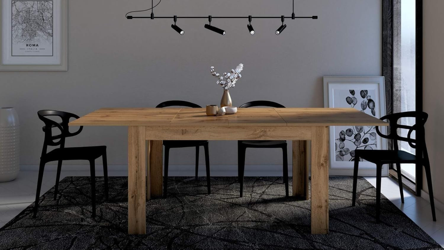Extendable Dining Table Rustic Oak, 220cm Wood 6–8 Seater Modern Space Saver