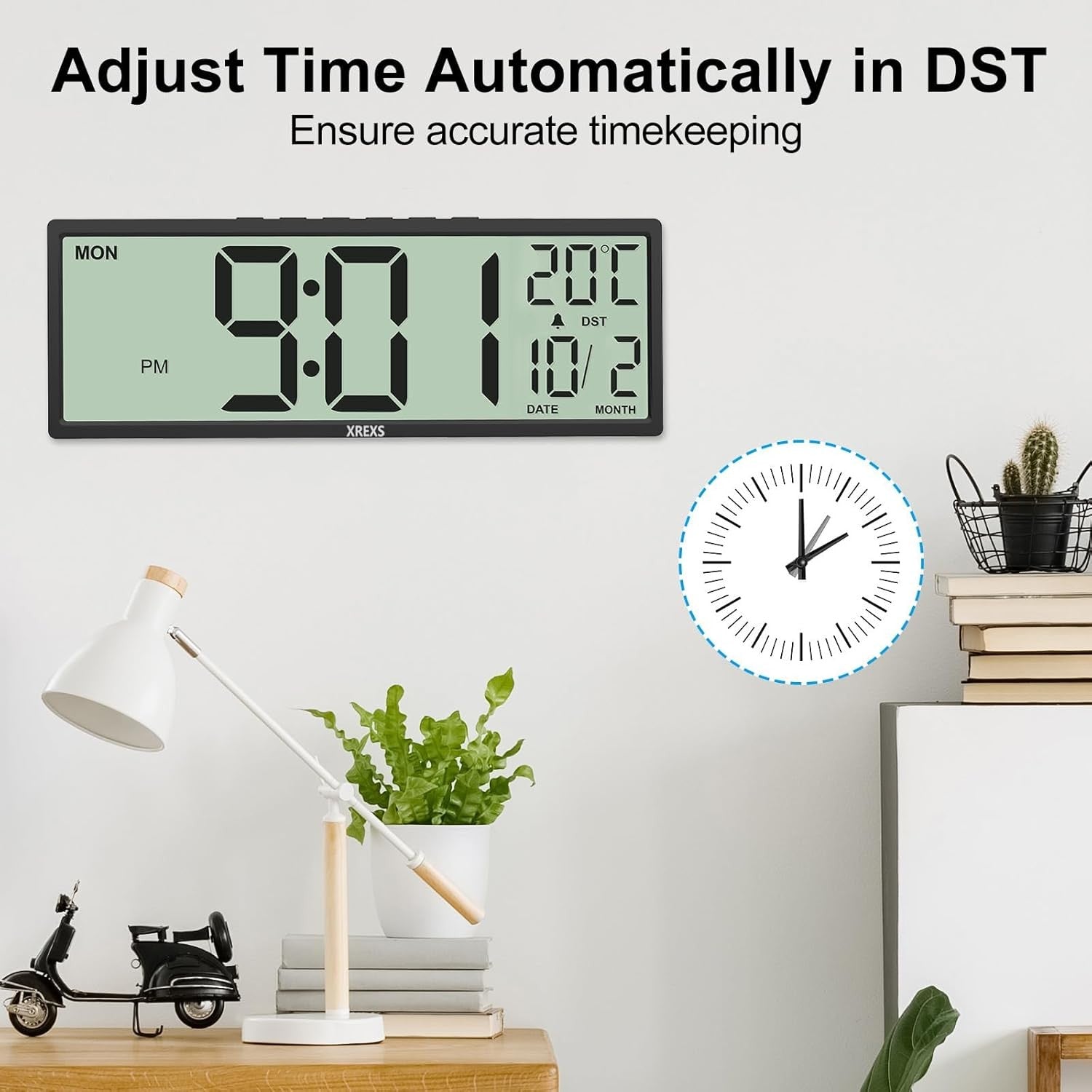 Large Digital Wall Clock Jumbo Display Temp Date Alarm Auto-DST 14.5" Modern