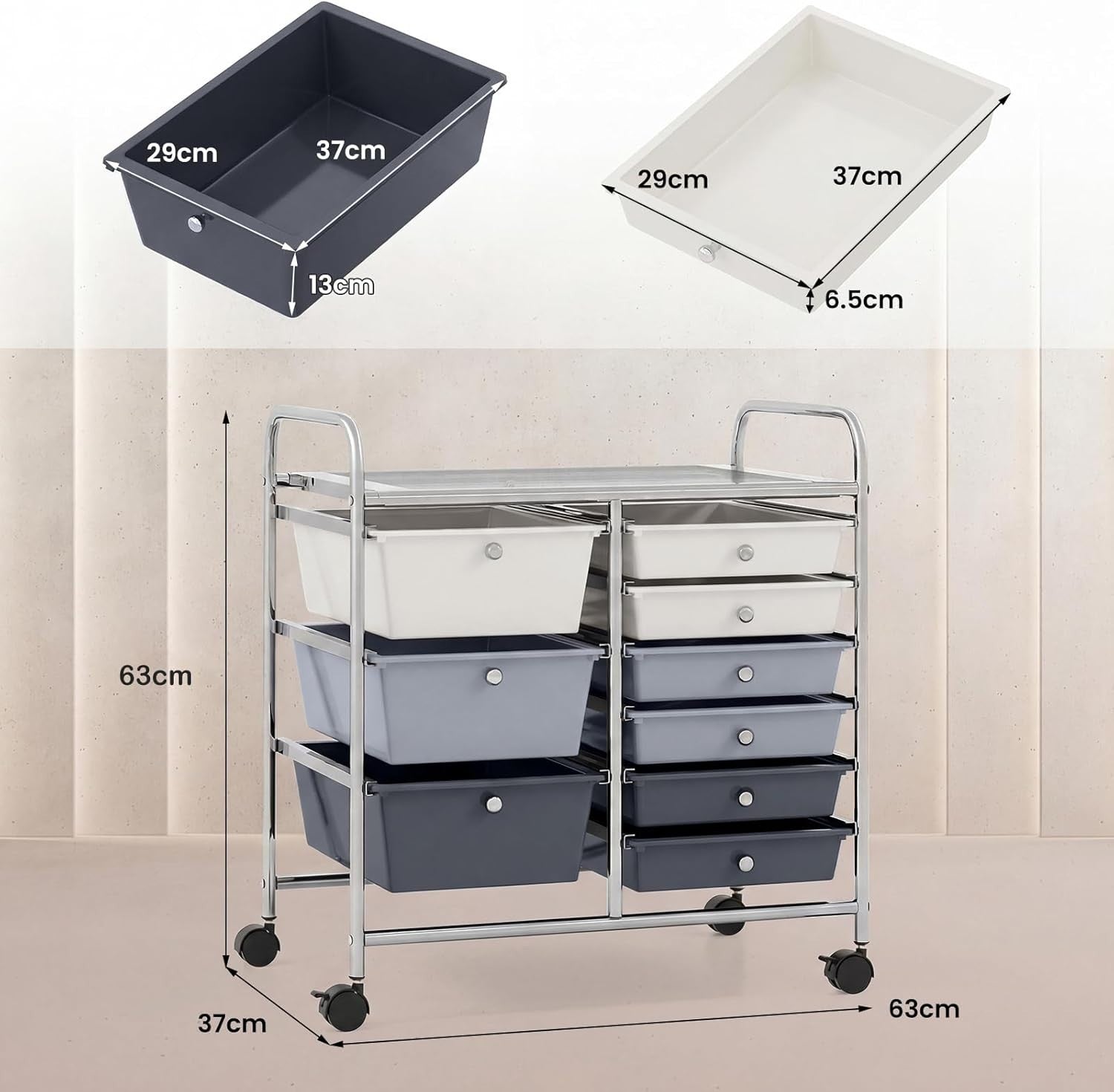 Gradient Grey 9 Drawer Rolling Utility Cart Home Office Organizer