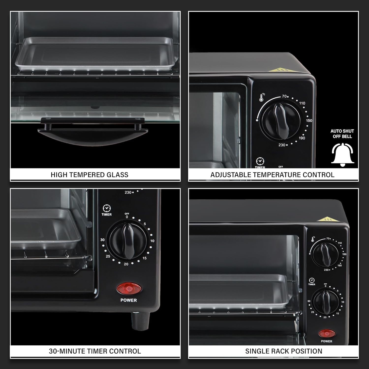 Compact 9L Toaster Oven 650W Adjustable Temp 100-250°C Baking & Toasting