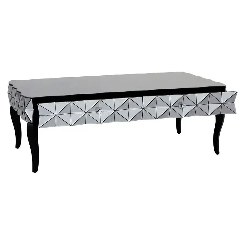 Luxury Mirrored 3D Glass Coffee Table – Silver Top with Black Wood Legs