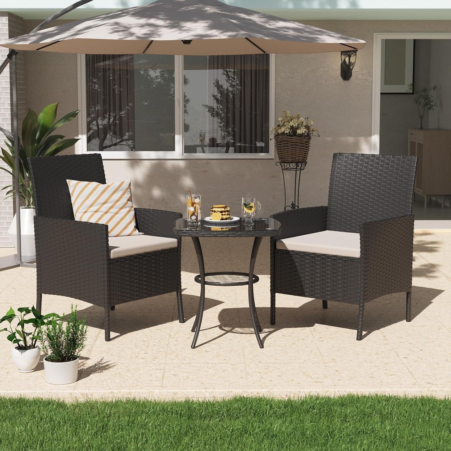 Black 3-Piece Rattan Garden Bistro Set Patio Chairs Table Outdoor Furniture