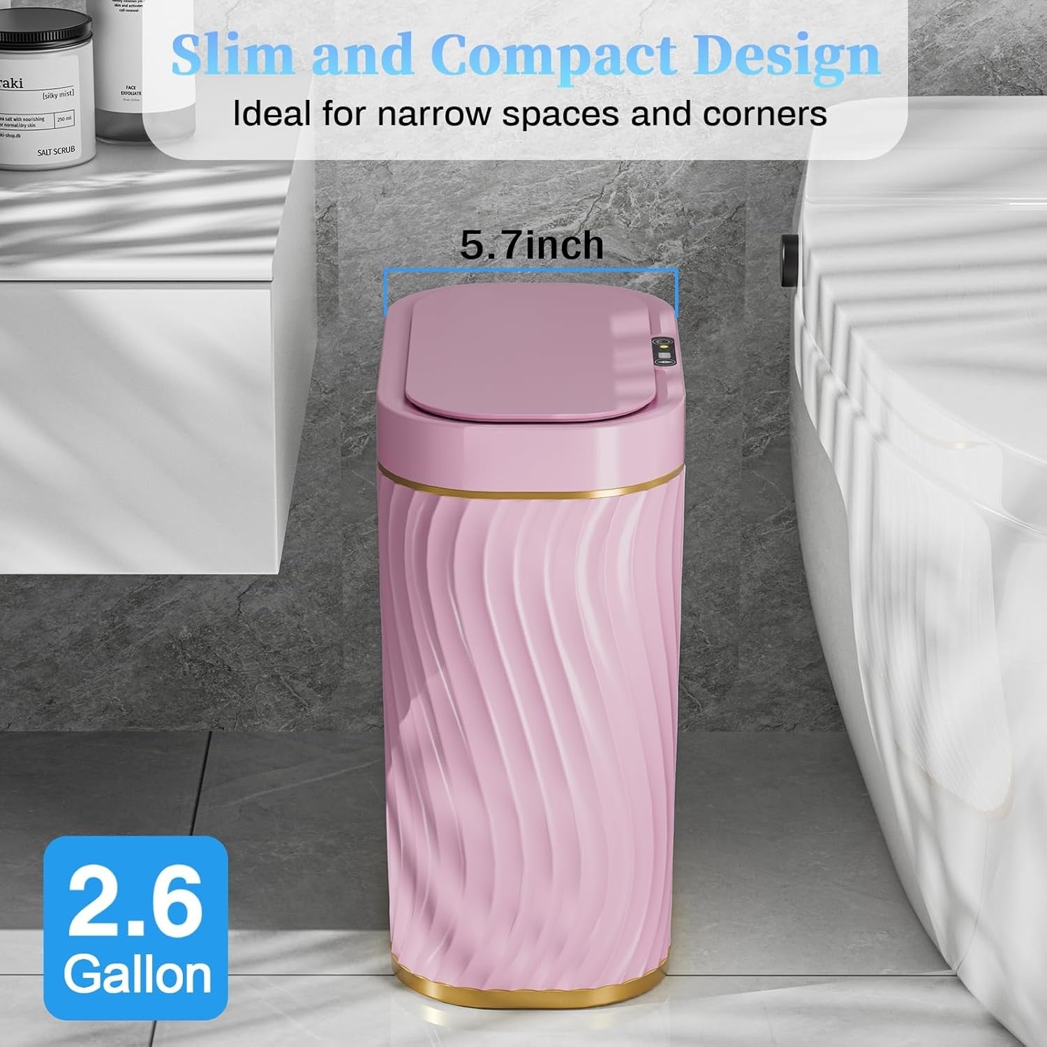 2.6 Gallon Touchless Bathroom Bin Waterproof Slim Smart Trash Can