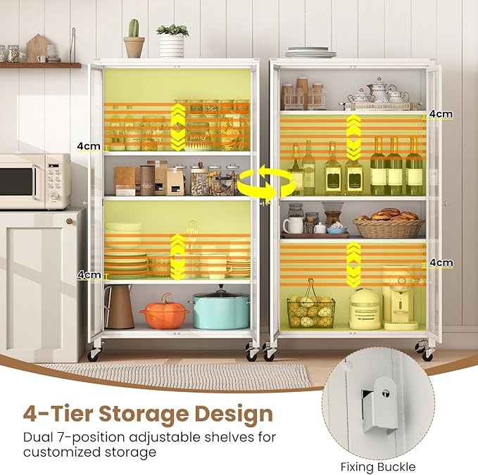 Large White Metal Storage Cabinet with Translucent Doors & Wheels, Adjustable