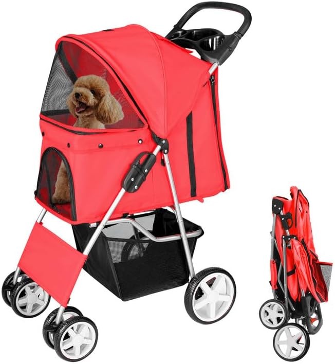 Pet Travel Stroller Dog Cat Pushchair 4 Wheel Folding Pram Jogger Red